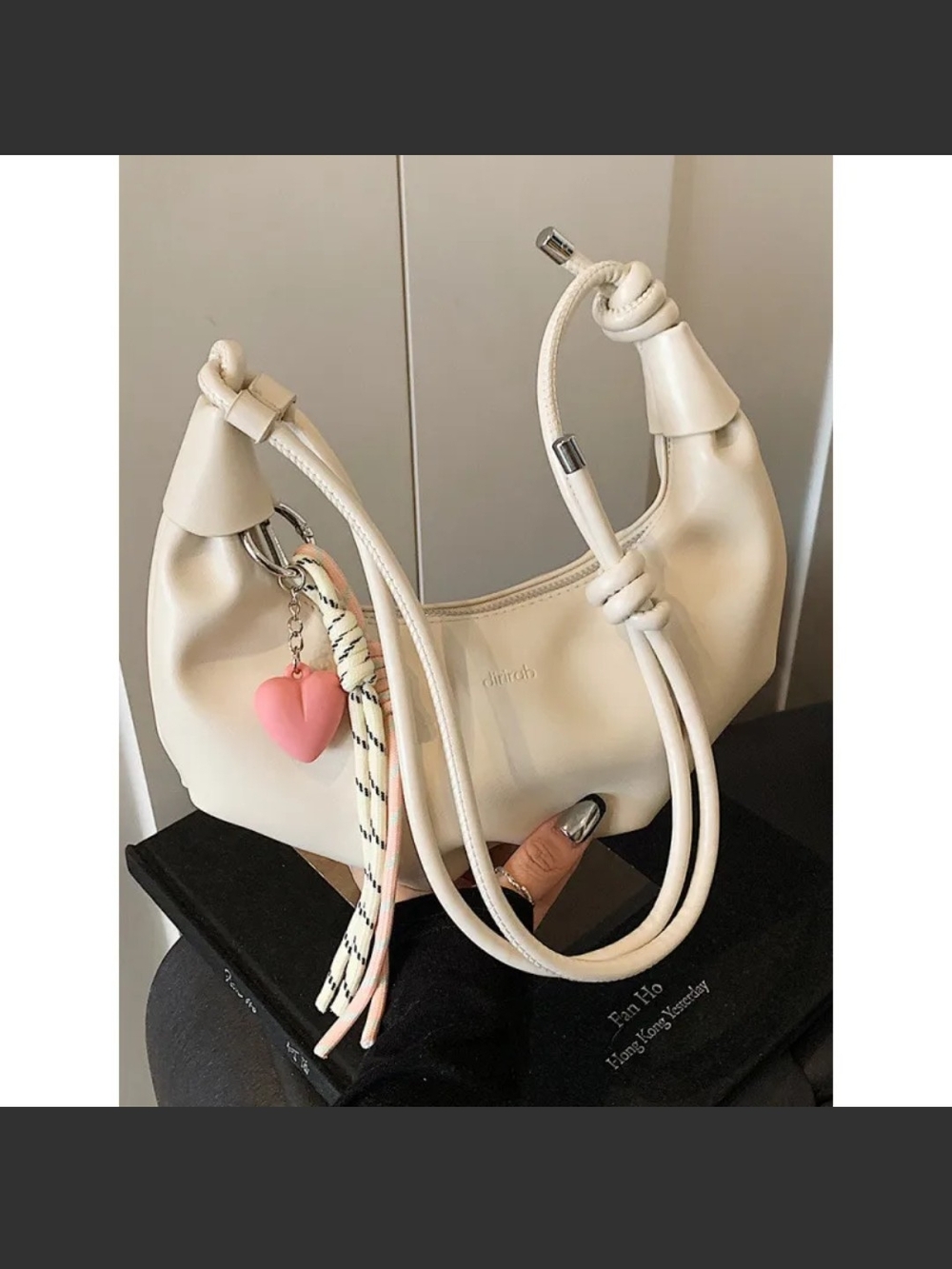 Cream Shoulder Bag with Knot Strap and Pink Heart Charm
